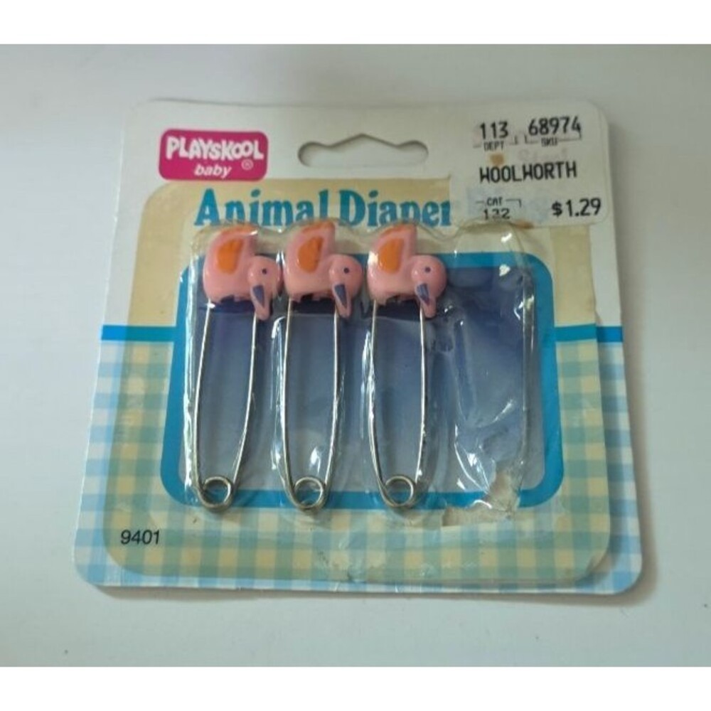 Vintage 1989 Playskool Animal Diaper Pins 3 Pack Pink Duck New in Packaging (3)